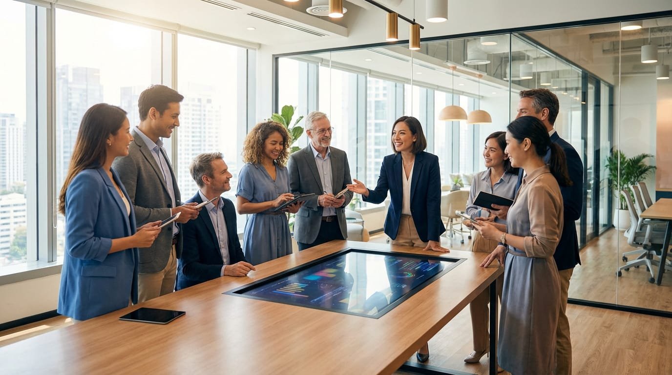 Un groupe diversifié de huit professionnels se réunit autour d'une table interactive affichant des données dans un bureau lumineux avec vue sur la ville.