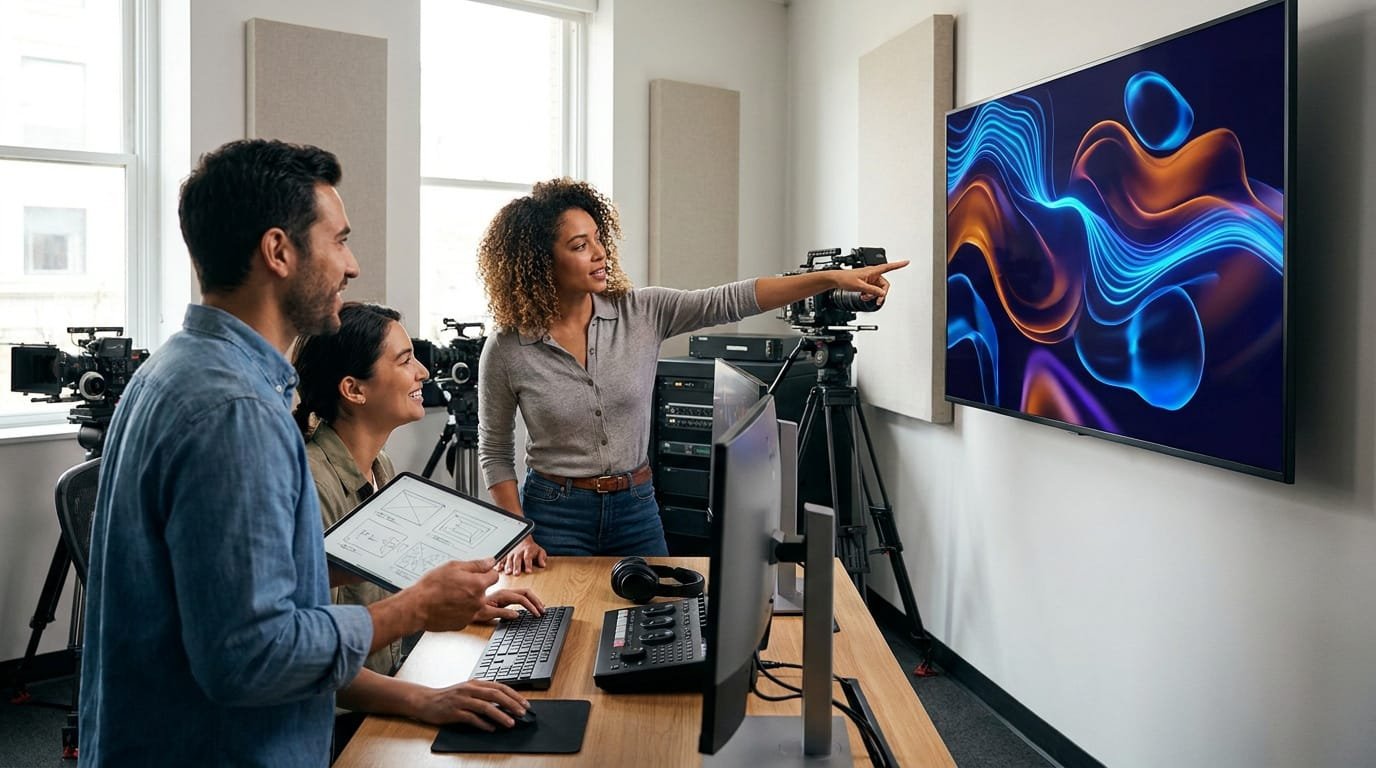 Équipe créative collaborant dans un studio de production audiovisuelle professionnel à Toulouse.