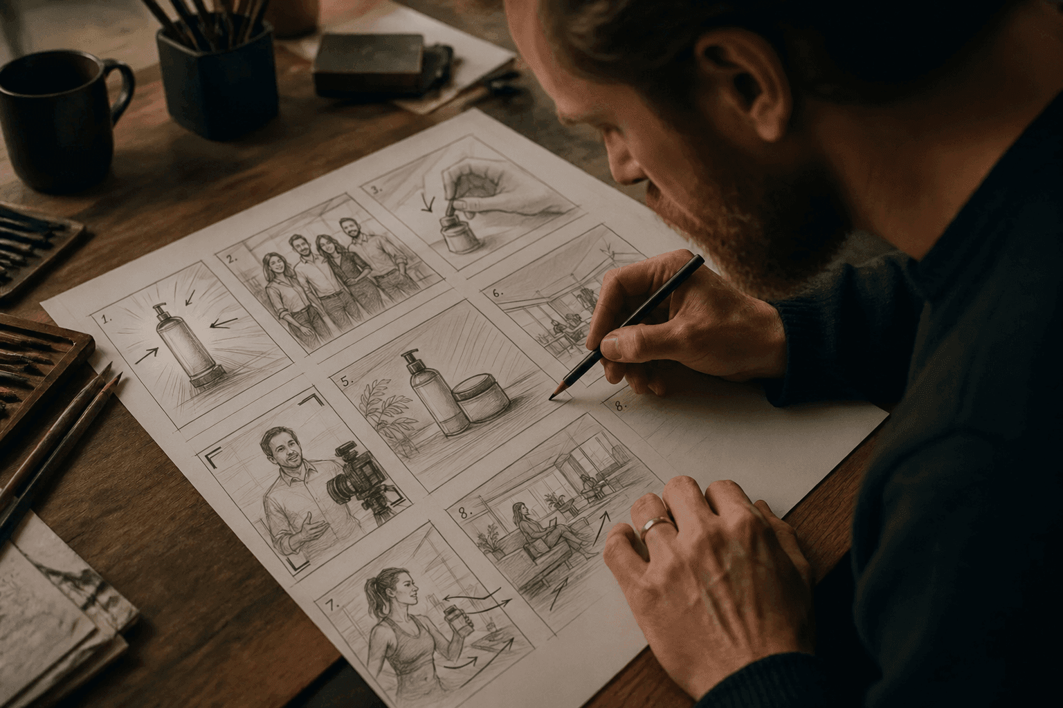 Artiste dessine un storyboard détaillé au crayon sur papier dans un atelier de création.