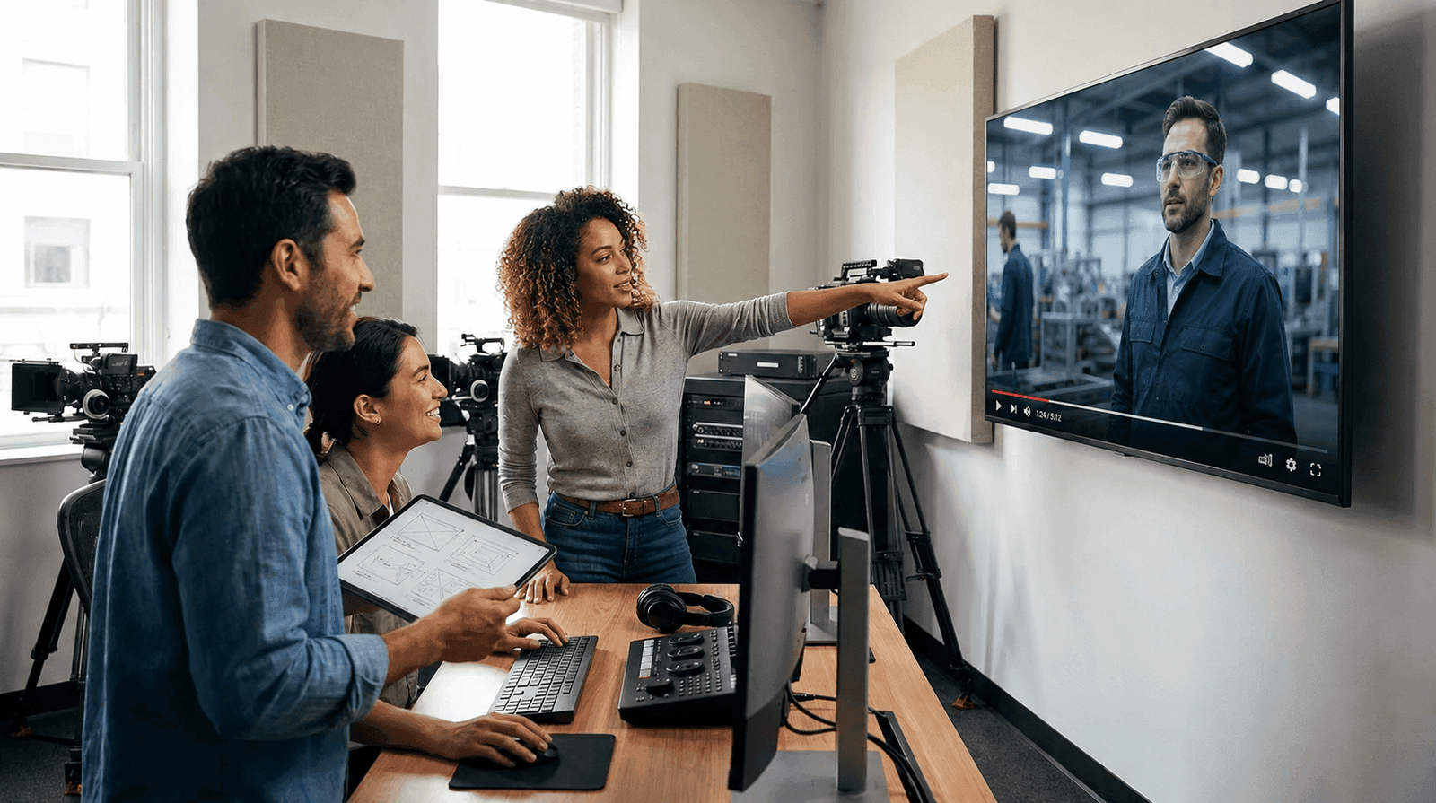 Équipe créative collaborant dans un studio de production audiovisuelle professionnel à Toulouse.