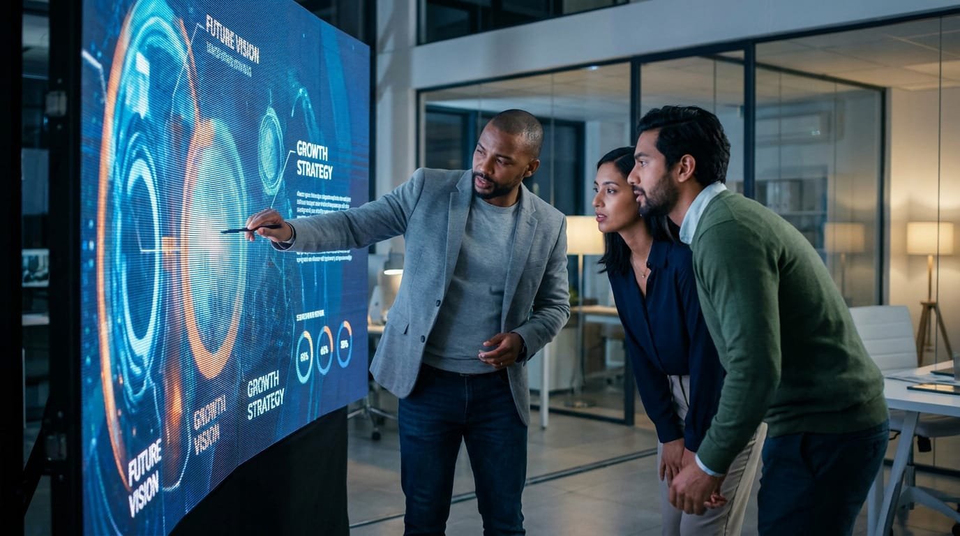 Une équipe de trois professionnels analyse une stratégie de croissance sur un grand écran numérique dans un bureau moderne.