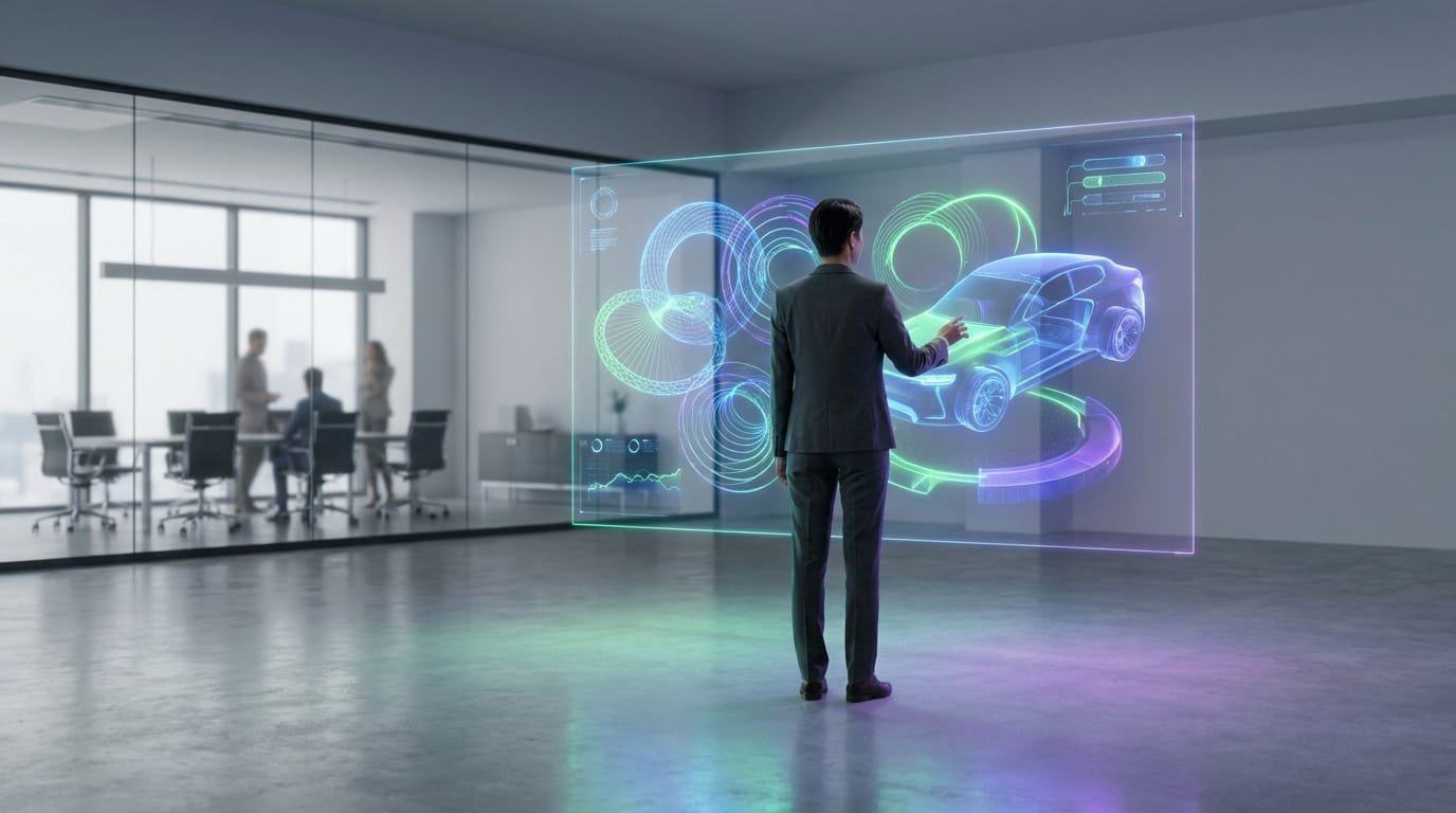 Professionnel interagissant avec une interface holographique 3D d'une voiture dans un bureau moderne.
