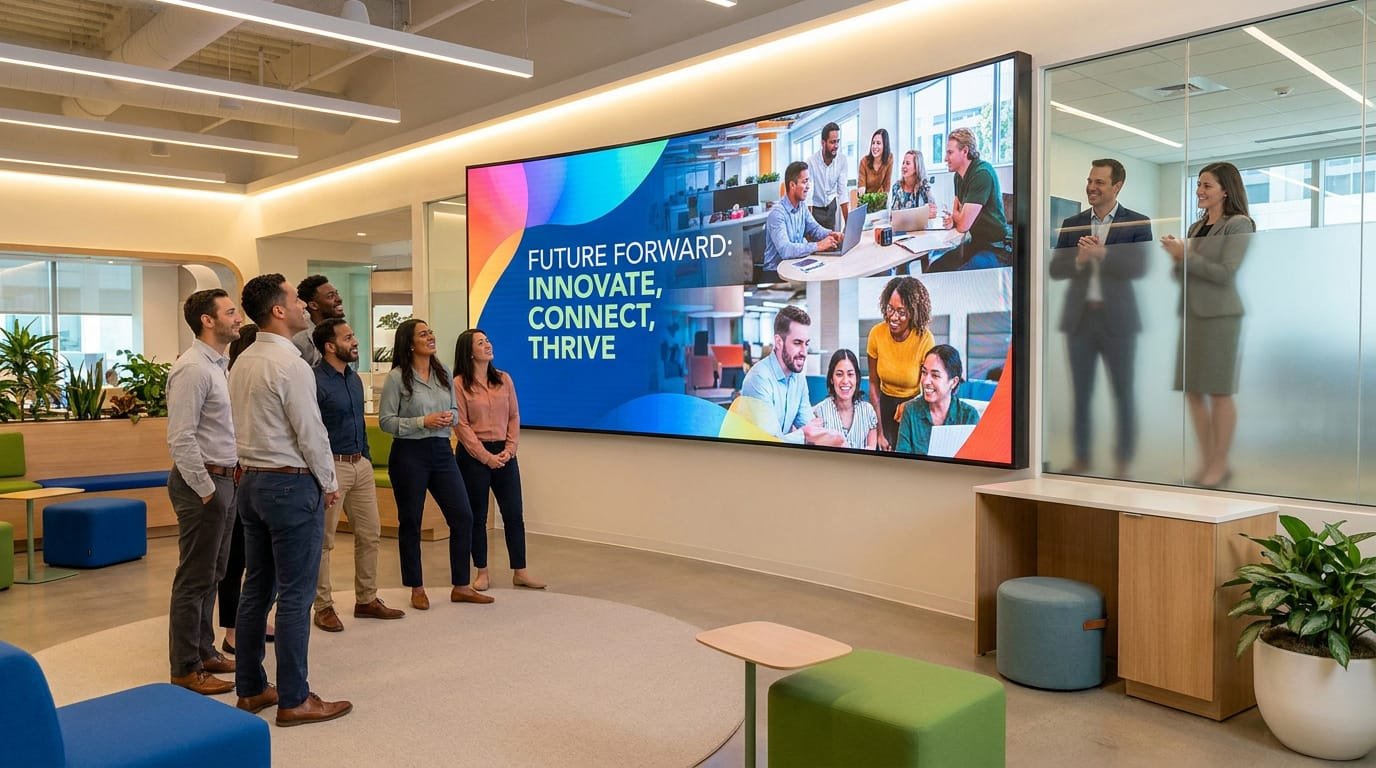 Groupe de collaborateurs regardant un écran géant affichant "Future Forward: Innovate, Connect, Thrive" dans un bureau moderne.