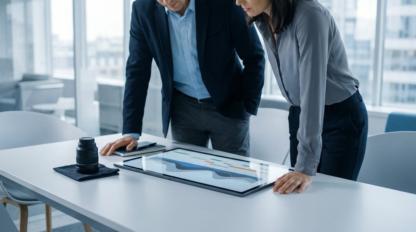 Deux professionnels en tenue business analysant des graphiques financiers sur une tablette posée sur une table de réunion.