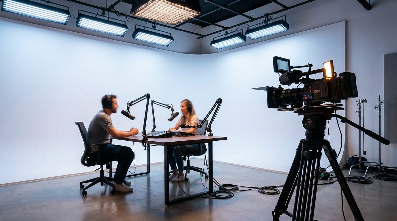 Deux personnes enregistrent un podcast dans un studio professionnel avec fond blanc et équipement vidéo.