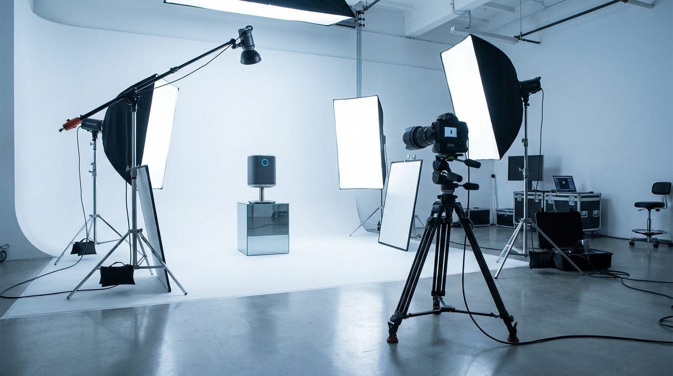Un studio photo professionnel équipé d'un cyclorama blanc, de flashs et d'un appareil photo sur trépied pour produit.